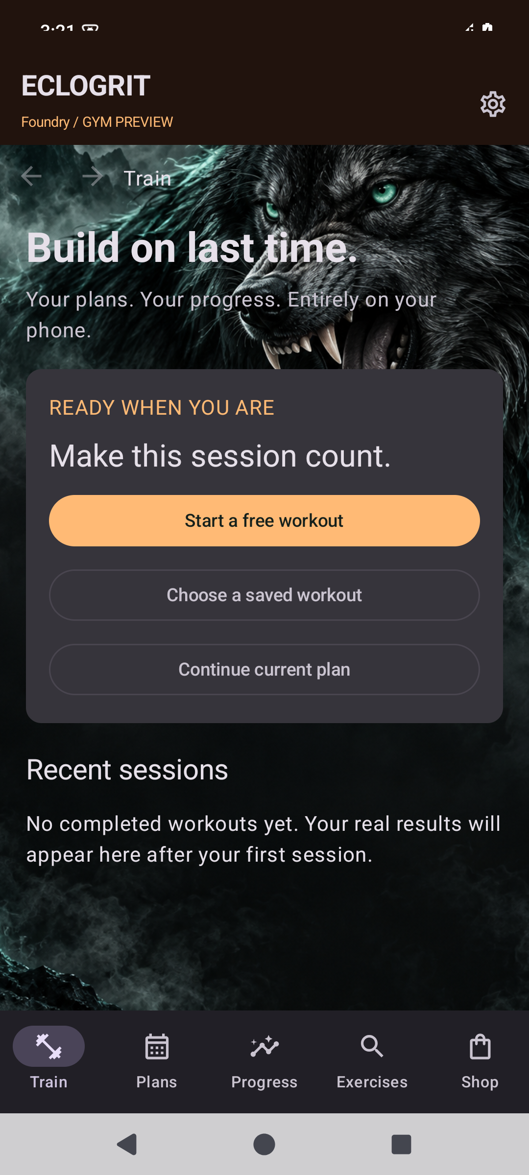 Eclogrit private preview on Android, showing Start a free workout, Choose a saved workout and Continue current plan.